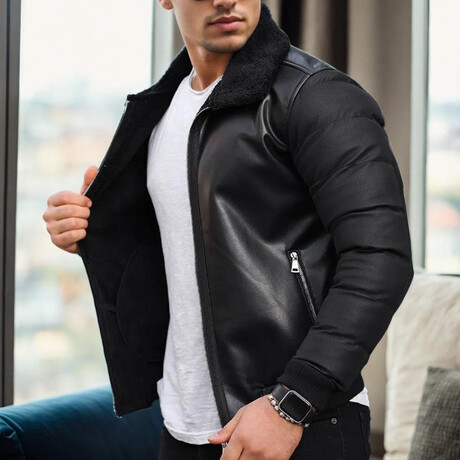 Faux Leather Flight Jacket // Black + Black (S)