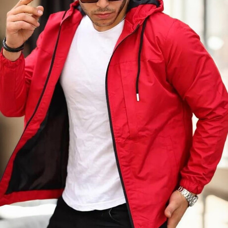 Hooded Zip Up w/Front Pockets Windbreaker // Red (S)