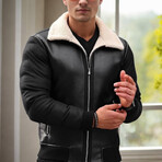 Faux Leather Flight Jacket // Black + Beige (S)