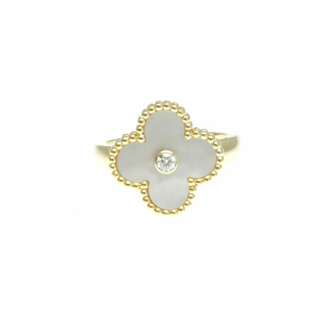 Van Cleef & Arpels // 18k Yellow Gold Vintage Alhambra Diamond + Mother of Pearl Ring // Ring Size: 5.25 // Store Display