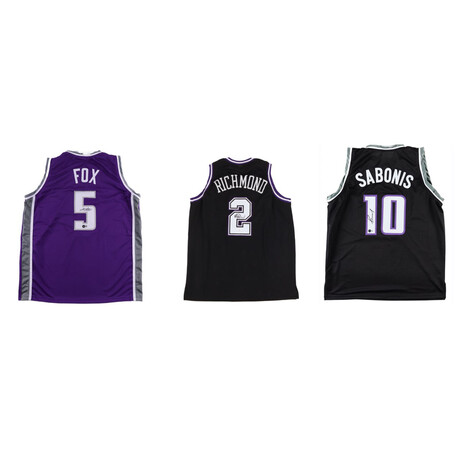 Sacramento Kings Jerseys // Domantas Sabonis Signed (Beckett) + De'Aaron Fox Signed (Beckett) + Mitch Richmond Signed (JSA)