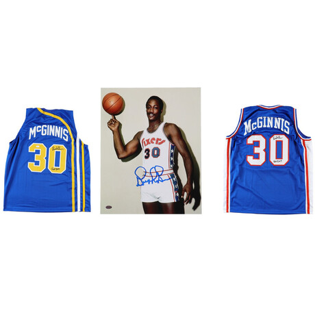 George McGinnis // Signed Philadelphia 76ers Jersey Inscribed "HOF 2017" (JSA) + Signed ABA Indiana Pacer Jersey Inscribed "HOF 2017" (JSA) + Signed Philadelphia 76ers 8x10 Photo (MCSE)