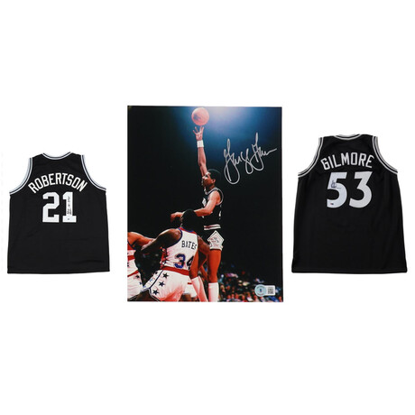 San Antonio Spurs // George Gervin Signed 8x10 Photo (Beckett) + Alvin Robertson Signed Jersey Inscribed "86 DPOY" (OK Authentics) + Artis Gilmore Signed Jersey (RSA)