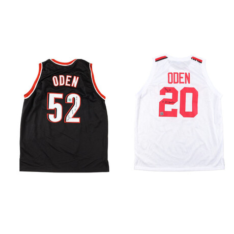 Greg Oden // Signed Portland Trailblazers Jersey Inscribed "2007 #1 Draft Pick" (Playball Ink) + Signed Ohio St Buckeyes Jersey Inscribed "07 All-American" (Playball Ink)