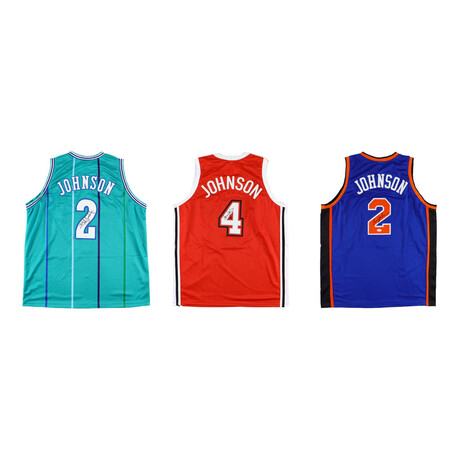 Larry Johnson // Signed New York Knicks Jersey (JSA) + Charlotte Hornets Signed Jersey (JSA) + Signed UNLV Runnnin' Rebels Jersey (JSA)