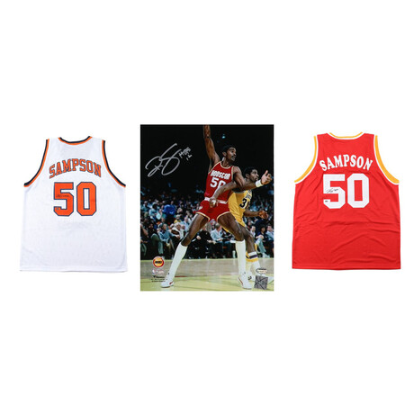 Ralph Sampson // Signed Houston Rockets Jersey Inscribed "HOF 12" (Schwartz) + Signed University of Virginia Jersey Inscribed "3x CPOY" (Schwartz) + Signed Houston Rockets 8x10 Photo Inscribed "HOF 12" (Schwartz)