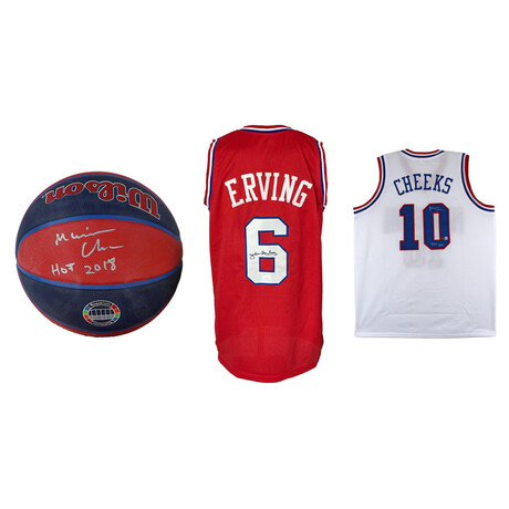 Philadelphia 76ers // Julius "Dr. J" Erving Signed Jersey (JSA) + Maurice Cheeks Signed Jersey Inscribed "HOF 2018" (Beckett) +  Maurice Cheeks Signed Logo Basketball Inscribed "HOF 2018" (Schwartz)