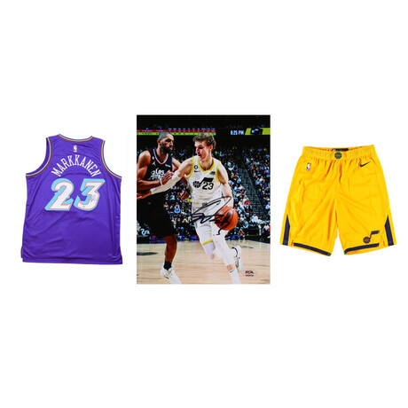 Lauri Markkanen // Signed Nike Utah Jazz Jersey (PSA) + Signed Utah Jazz 8x10 Photo (PSA) + Unsigned 2019-2020 Utah Jazz Team-Issued Nike Shorts (Fanatics)