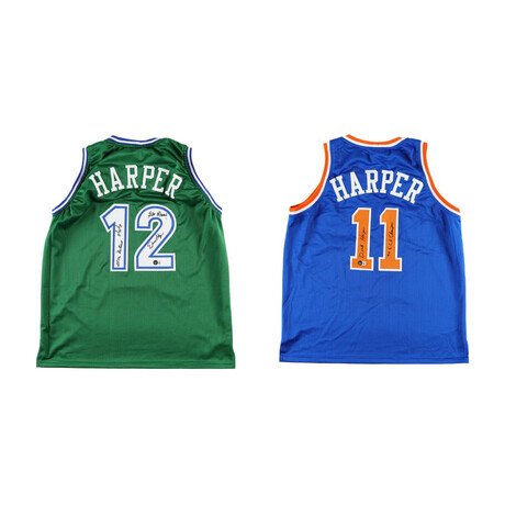 Derek Harper // Signed New York Knicks Jersey Inscribed "94 ECF Champs" (Beckett) + Signed Dallas avs Jersey Inscribed "Retired 1/7/18", "Go Mavs!" (Beckett)