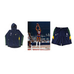 Utah Jazz // Adrian Dantley Signed 8x10 Photo (Schwartz) + unsigned Team-Issued Game-Used Warm-Up Jacket (Fanatics) + unsigned 2019-2020 Jazz Team-Issued Nike Shorts (Fanatics)