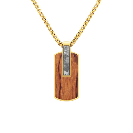 Duxot Atlantica IP Gold-Plated Stainless Steel + Meteorite + Bubinga Wood Dog Tag Necklace // 25.6"
