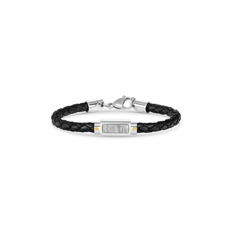 Duxot Vezeto Stainless Steel + Leather + Black Meteorite Bracelet // 8.7"