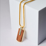 Duxot Atlantica IP Gold-Plated Stainless Steel + Meteorite + Bubinga Wood Dog Tag Necklace // 25.6"