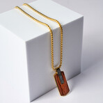 Duxot Atlantica IP Gold-Plated Stainless Steel + Meteorite + Bubinga Wood Dog Tag Necklace // 25.6"