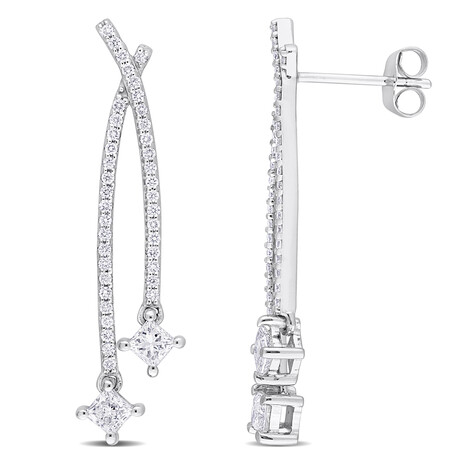 1ct TW Princess & Round-Cut Lab-Grown Diamond Double Str& Earrings // 14k White Gold