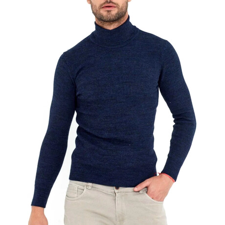 Turtleneck Patterned Knit Sweater // Navy Blue (S)