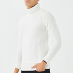 Turtleneck Striped Patterned Knit Sweater // White (L)