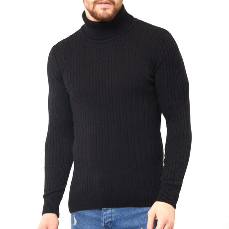 Turtleneck Patterned Knit Sweater // Black (S)