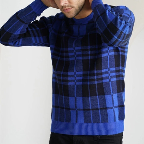 Crewneck Plaid Knit Sweater // Blue (S)