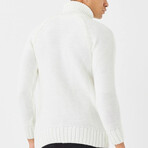 Turtleneck Striped Patterned Knit Sweater // White (L)