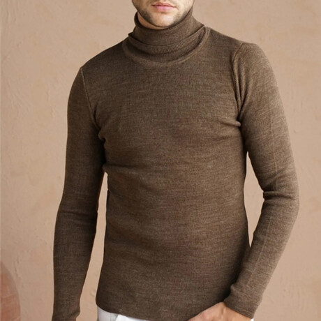 Turtleneck Plain Knit Sweater // Light Brown Melange (S)