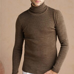 Turtleneck Plain Knit Sweater // Light Brown Melange (2XL)