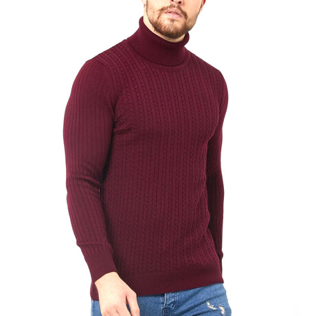 Turtleneck Patterned Knit Sweater // Burgundy (S)