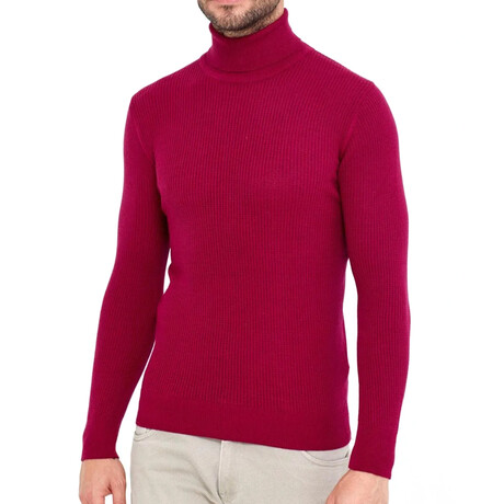 Turtleneck Striped Patterned Knit Sweater // Burgundy (S)