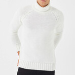 Turtleneck Striped Patterned Knit Sweater // White (L)