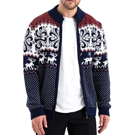 Deer Patterned Standing Collar Cardigan // Navy Blue (S)