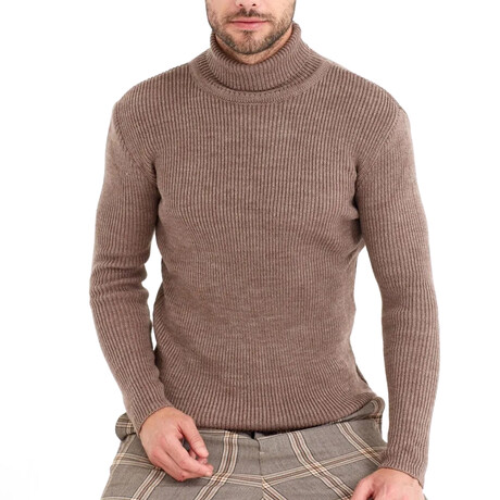 Turtleneck Striped Patterned Knit Sweater // Brown (S)