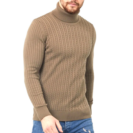 Turtleneck Patterned Knit Sweater // Brown (S)