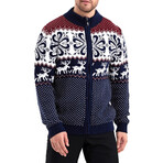 Deer Patterned Standing Collar Cardigan // Navy Blue (L)