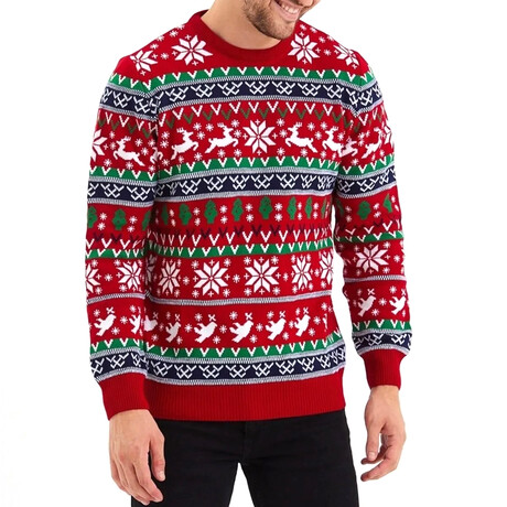 Crewneck Deer Christmas Patterned New Year Sweater // Red (S)