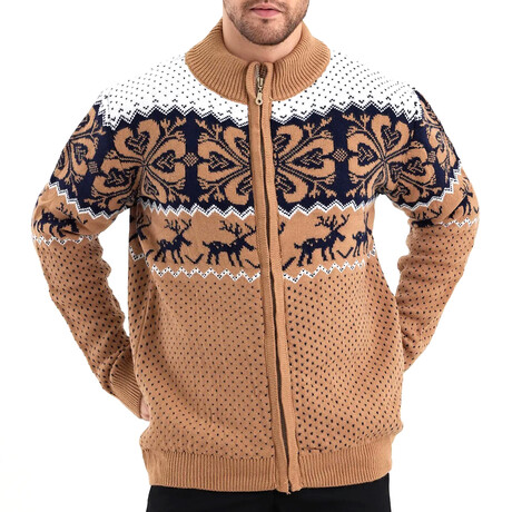 Deer Patterned Standing Collar Cardigan // Brown (S)