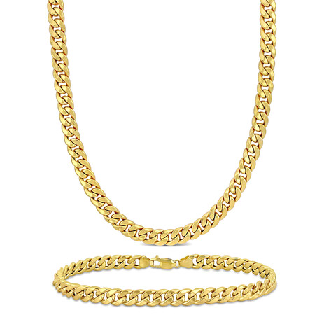 Mens 6.6mm Curb Chain Necklace and Bracelet Set 10k Yellow Gold // 24 in & 9 in