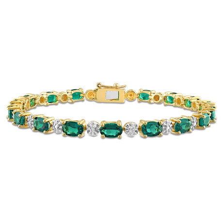 7 3/4ct TGW Created Emerald & Diamond Accent Tennis Bracelet // Yellow Plated Sterling Silver // 7.25 in