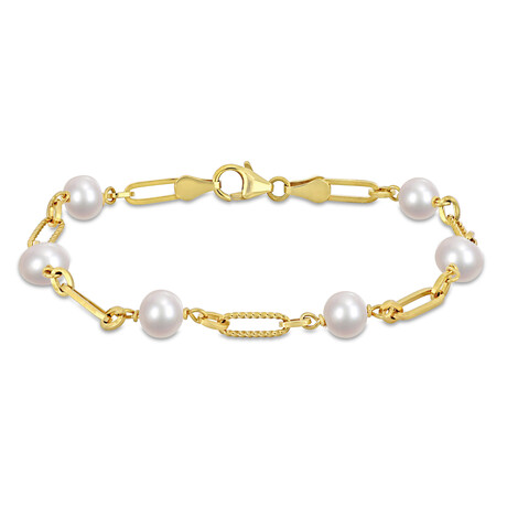 7-7.5mm Cultured Freshwater Pearl & Fancy Oval Link Bracelet // Yellow Plated Sterling Silver // 7.75 in