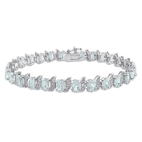 11 1/5ct TGW Aquamarine & Diamond Accent S Link Tennis Bracelet // Sterling Silver // 8 in