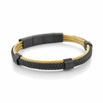 BLACK-IP-S.STEEL 2-WAY-CLASP GOLD-CABLE BLACK-LEATHER 7.5+0.5+0.5"-BRACELET (7.5+0.5+0.5 INCHES)