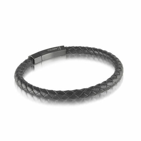 Stainless Steel Black Leather Bracelet (7.75 INCHES)