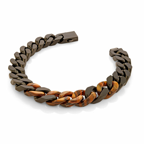 BLACK-MATTE-IP S.STEEL TIGER'S-EYE-ACETATE 10MM-CURB-LINK BRACELET (8 INCHES)