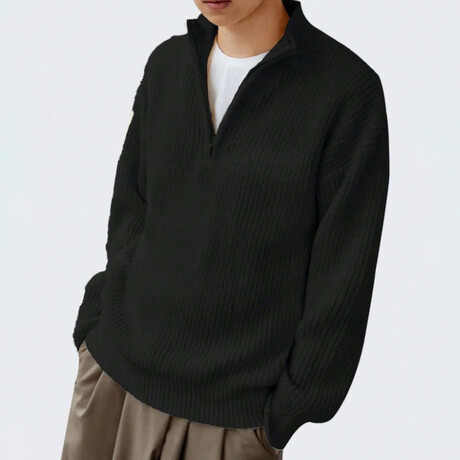 Mock Neck Half Zip Knit Sweater // Black (S)