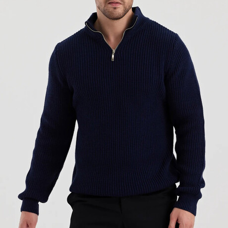 Mock Neck Half Zip Knit Sweater // Navy Blue (S)