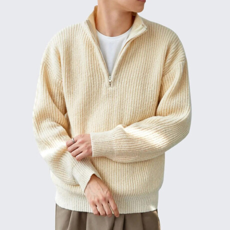 Mock Neck Half Zip Knit Sweater // Beige (S)