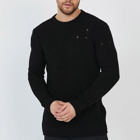 Crewneck Ragged Knit Sweater // Black (S)