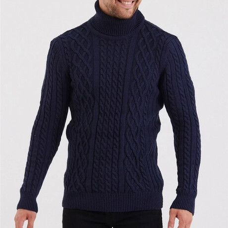 Turtleneck CableKnit Sweater // Navy Blue (S)