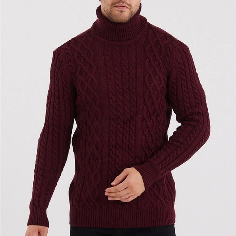 Turtleneck CableKnit Sweater // Burgundy (S)