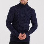 Turtleneck CableKnit Sweater // Navy Blue (XL)