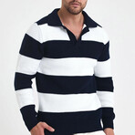 Polo Collar Block Knit Sweater // Navy Blue + White (2XL)